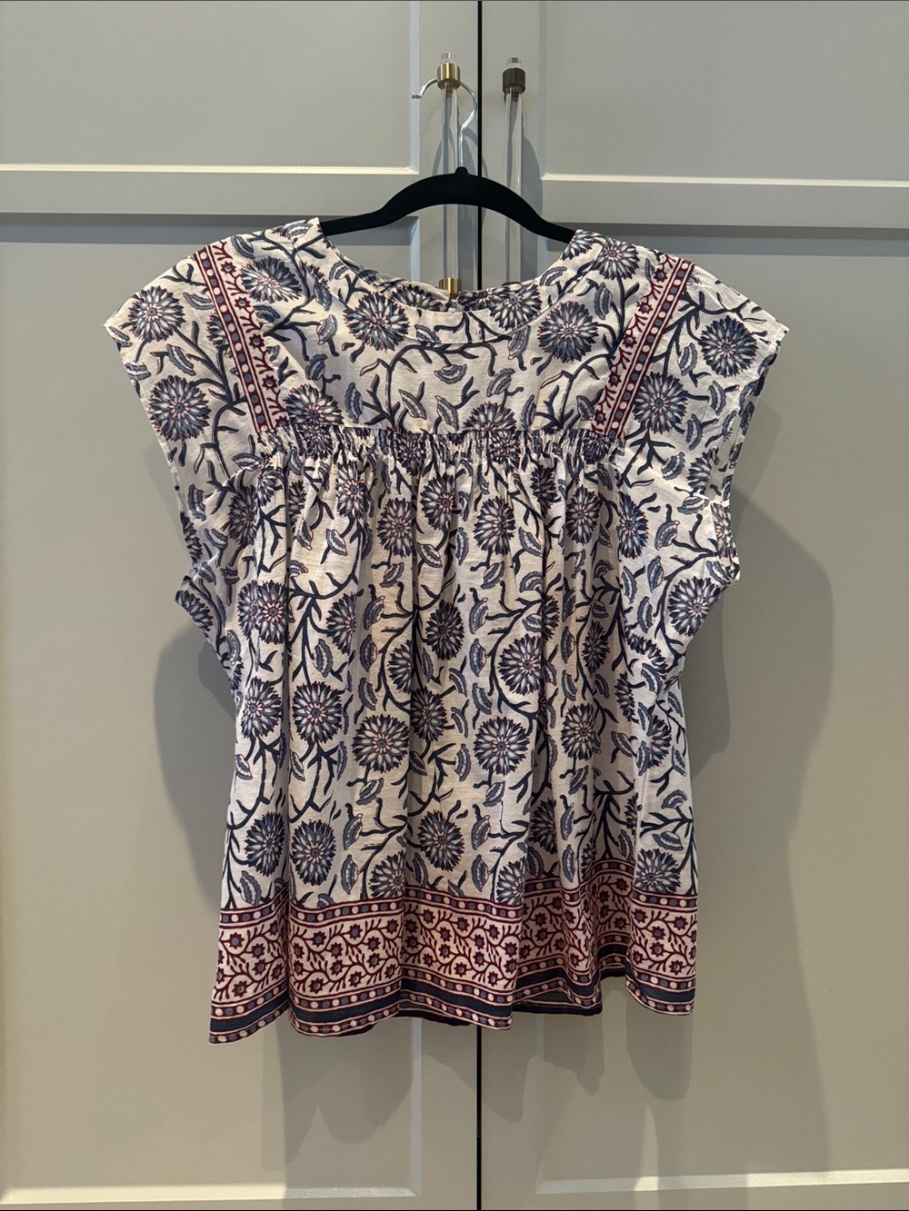 Printed Cap-Sleeve Peasant Top in White and Navy with Maroon Trim